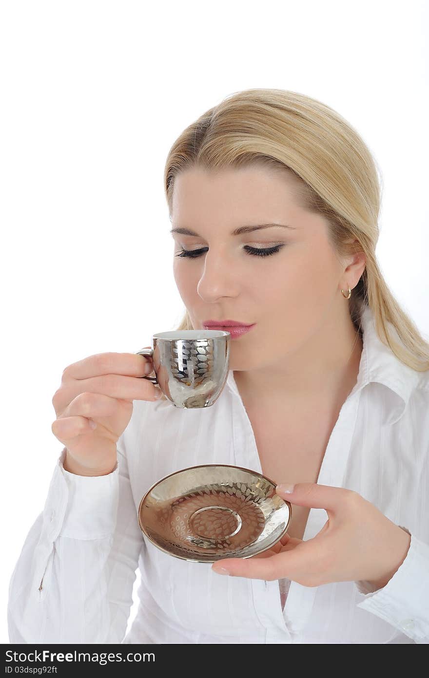 Pretty business woman drinking cup of espresso coffee. isolated on white. Pretty business woman drinking cup of espresso coffee. isolated on white