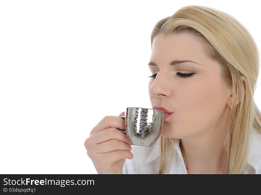 Pretty business woman drinking cup of espresso coffee. Pretty business woman drinking cup of espresso coffee.