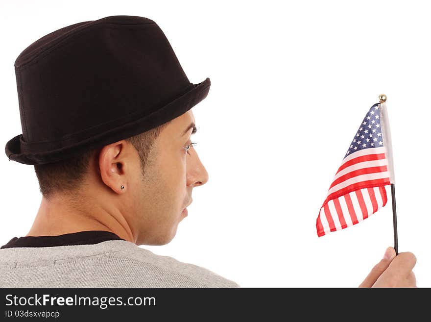 Man with american flag close up