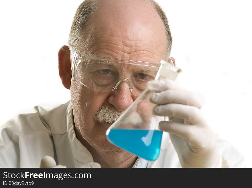 Scientist working with chemicals isolated on white