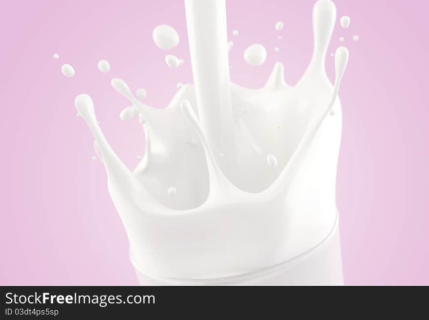 High quality 3d image of splashing milk in a glass on a light pink background. High quality 3d image of splashing milk in a glass on a light pink background