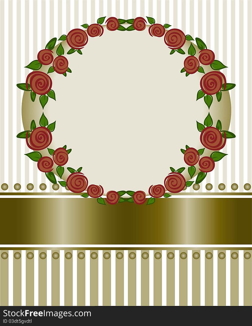 Round frame of red roses on a striped background