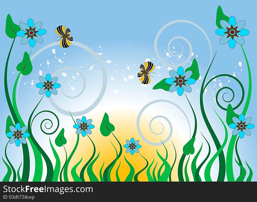 Blue flowers and butterflies in the grass at sunrise.Background.Wallpaper. Blue flowers and butterflies in the grass at sunrise.Background.Wallpaper.