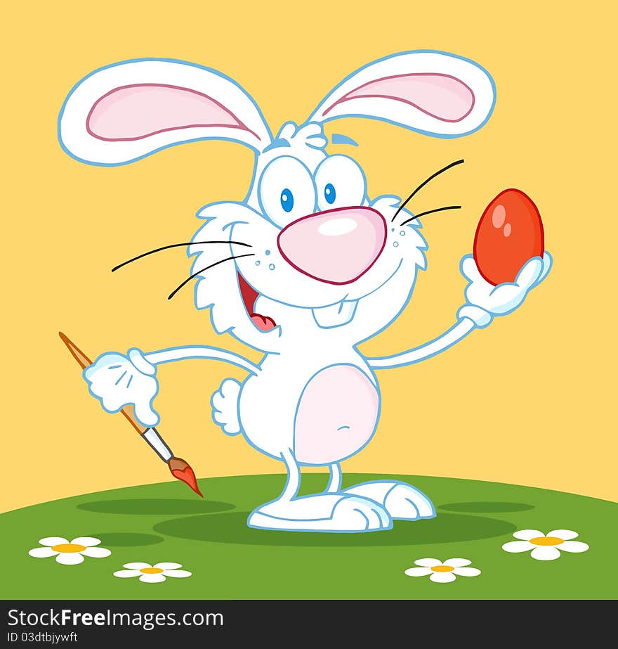 Happy white rabbit painting easter egg illustration. Happy white rabbit painting easter egg illustration