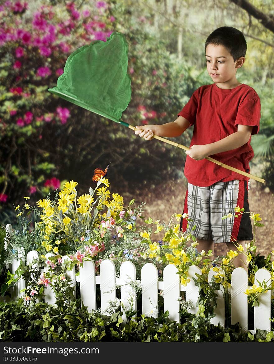 A young elementary boy catching butterflies in a beautiful flower garden. A young elementary boy catching butterflies in a beautiful flower garden.