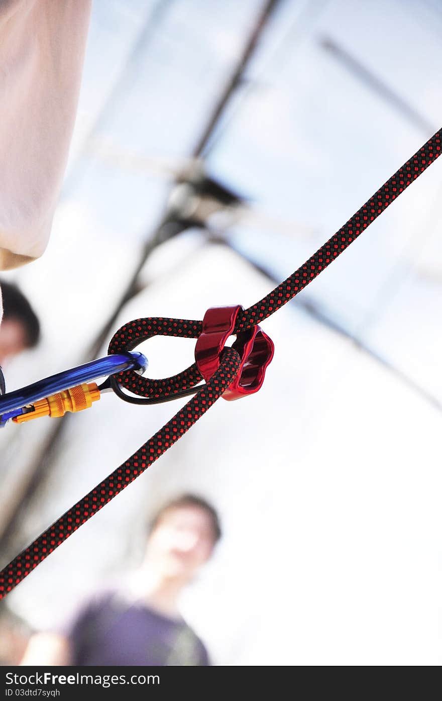 A wiev on a red secure climbing rope. A wiev on a red secure climbing rope.