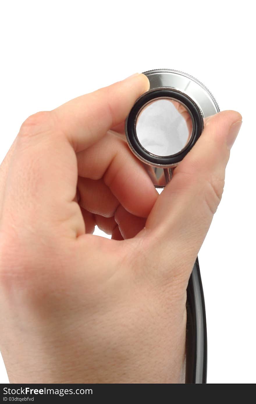 Male hand with stethoscope isolated over white background. Clipping path included. Back view. Male hand with stethoscope isolated over white background. Clipping path included. Back view.