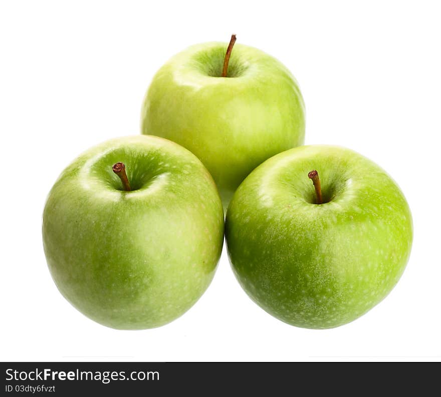 Three ripe green apples. Isolated on white background