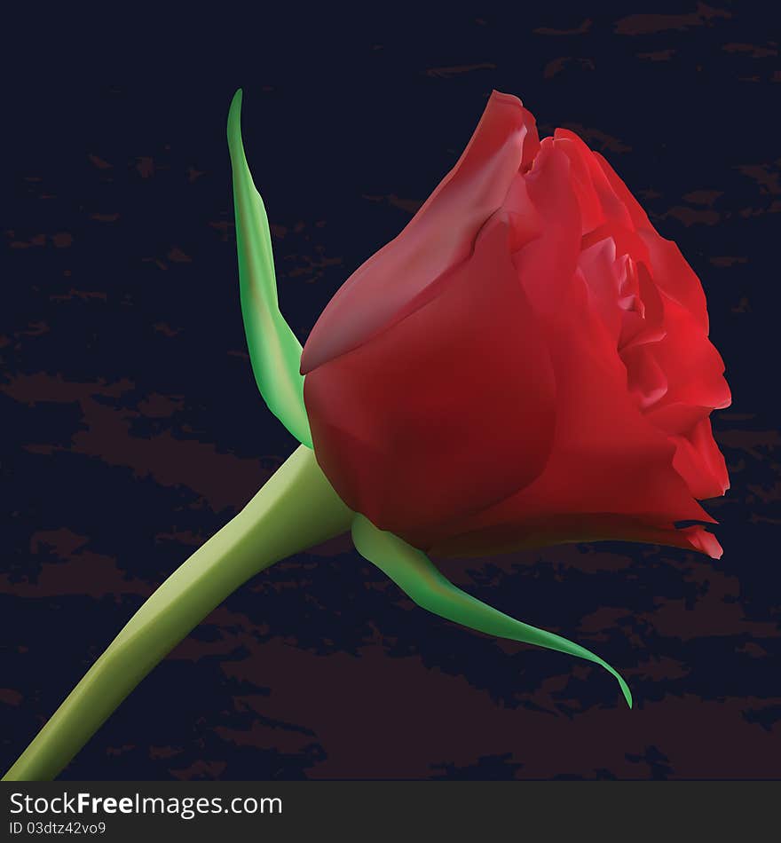 Realistic red rose with green leafs on grunge distressed dark red and black background. Realistic red rose with green leafs on grunge distressed dark red and black background