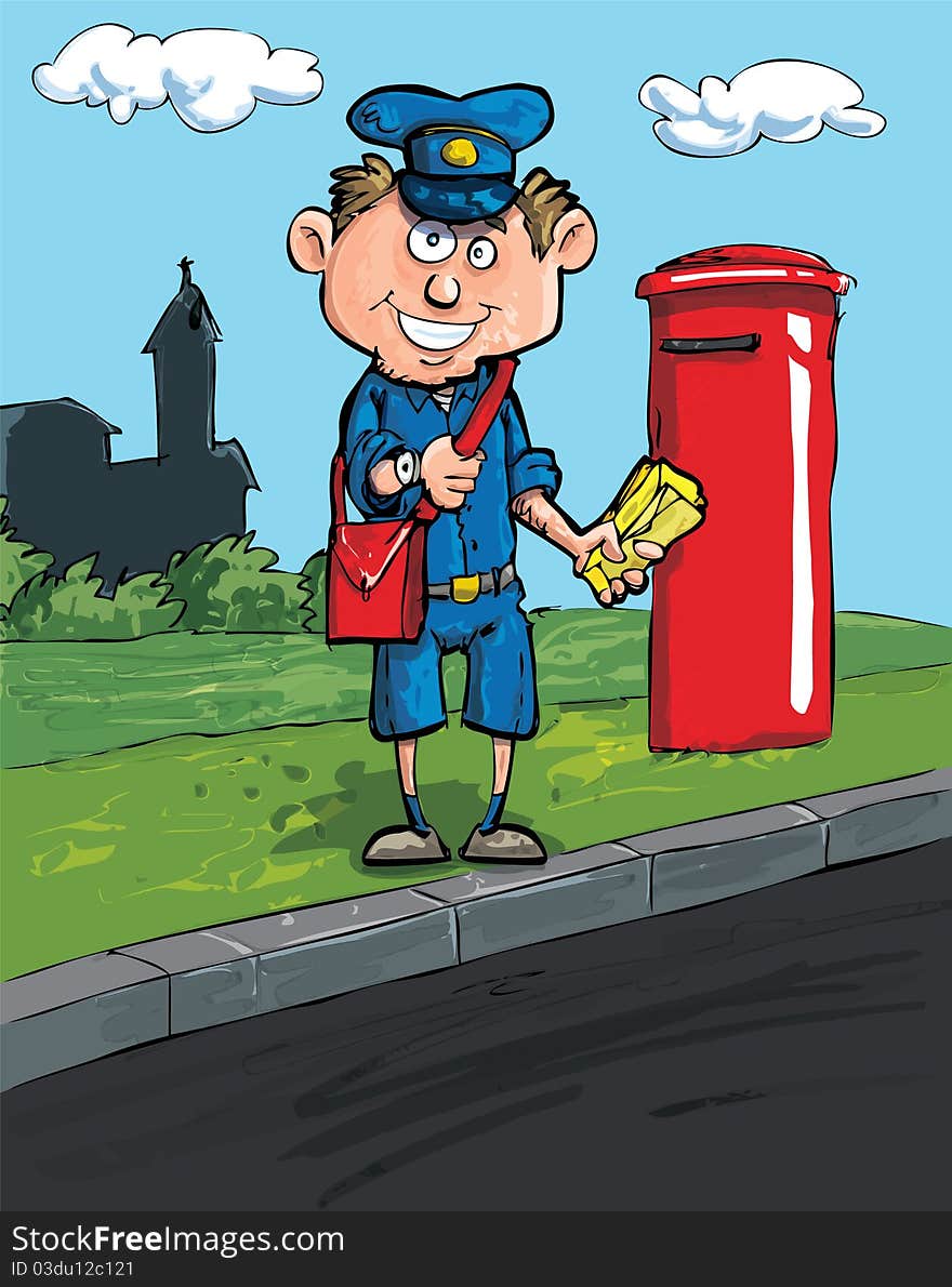 Cartoon postman by a mailbox