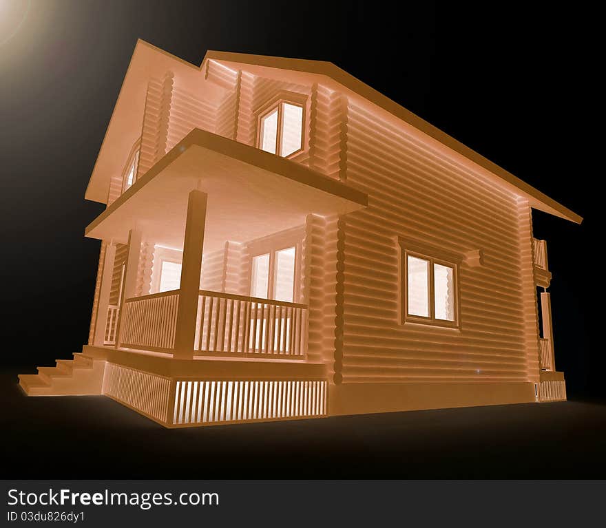 Wooden house on a black background