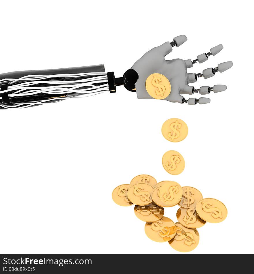 Working hand, pouring coins on a white background