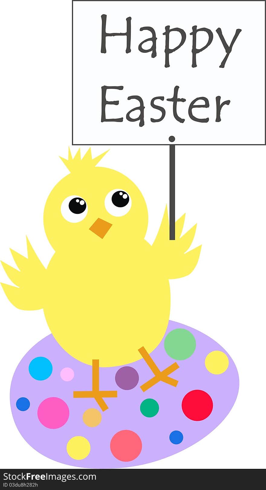 A cute yellow chicken with a happy easter sign