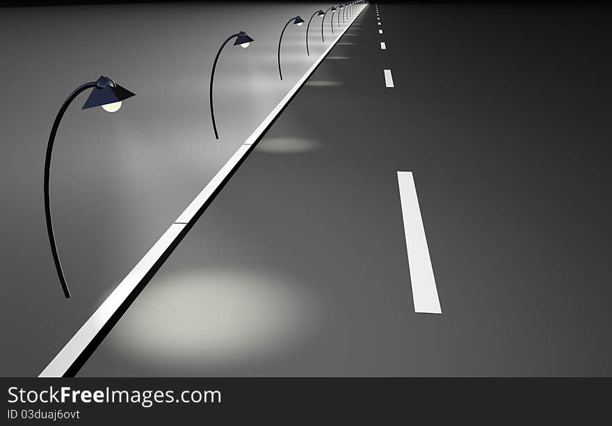 3D render of road with streetlights