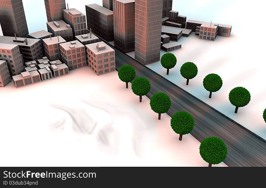 Road crossing a city on desert with trees. Road crossing a city on desert with trees