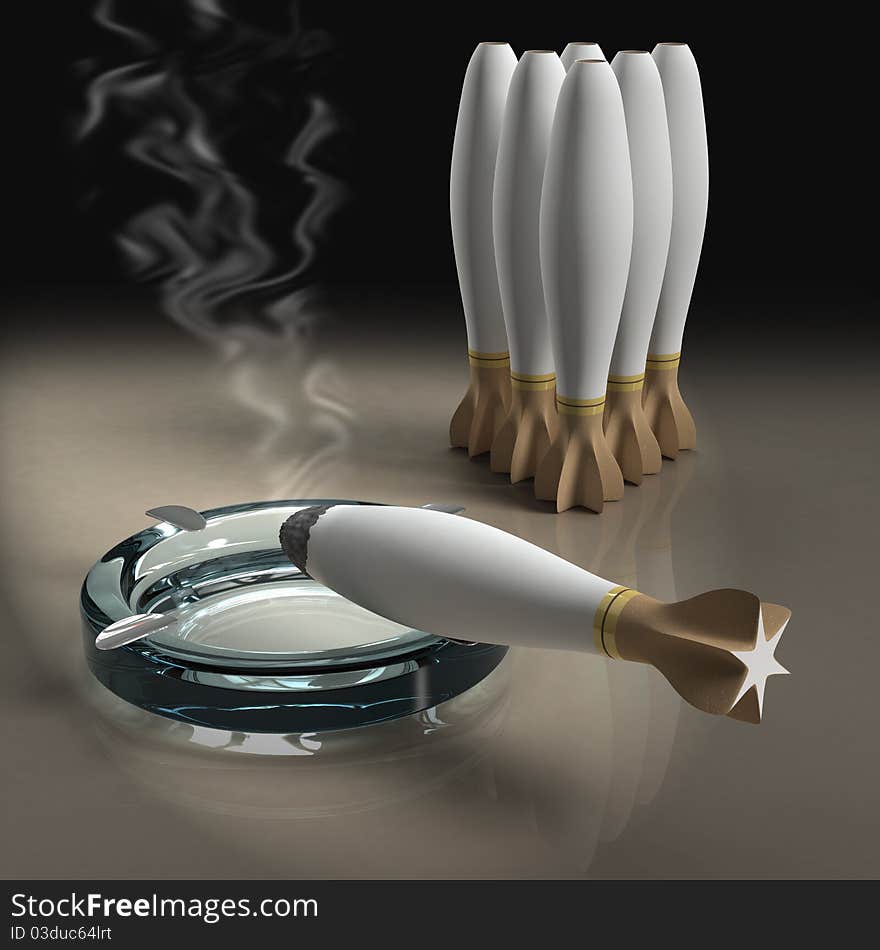 Smoky scene with ashtray and cigarettes and spare smokes in dark atmosphere. Smoky scene with ashtray and cigarettes and spare smokes in dark atmosphere