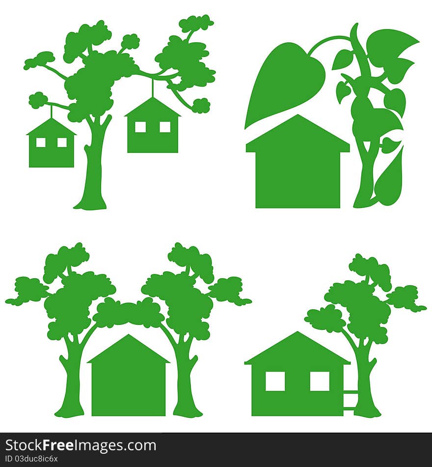 Illustration and contours of green houses icons