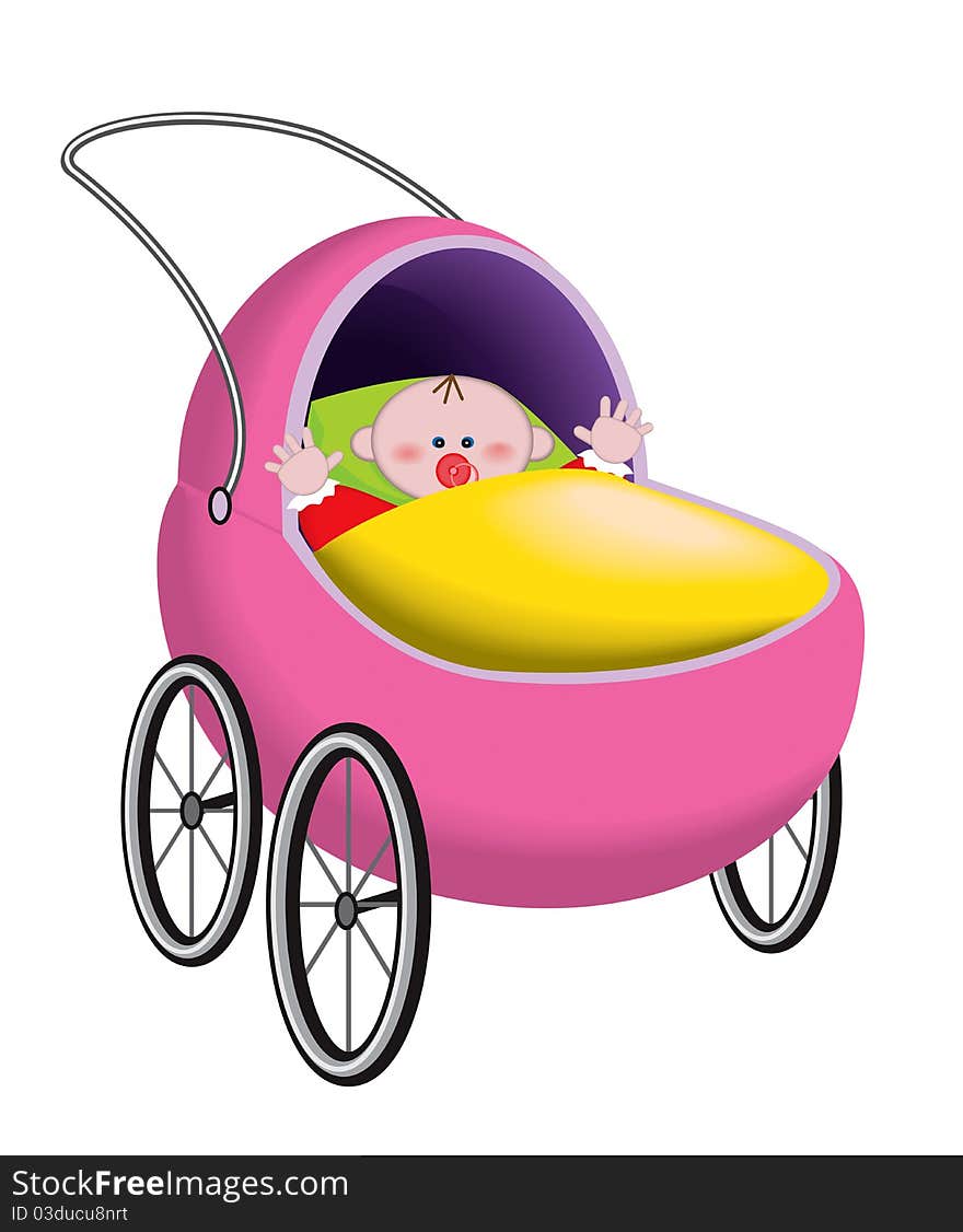 Cute baby with pacifier in pink baby carriage. Isolated on a white background. Cute baby with pacifier in pink baby carriage. Isolated on a white background.