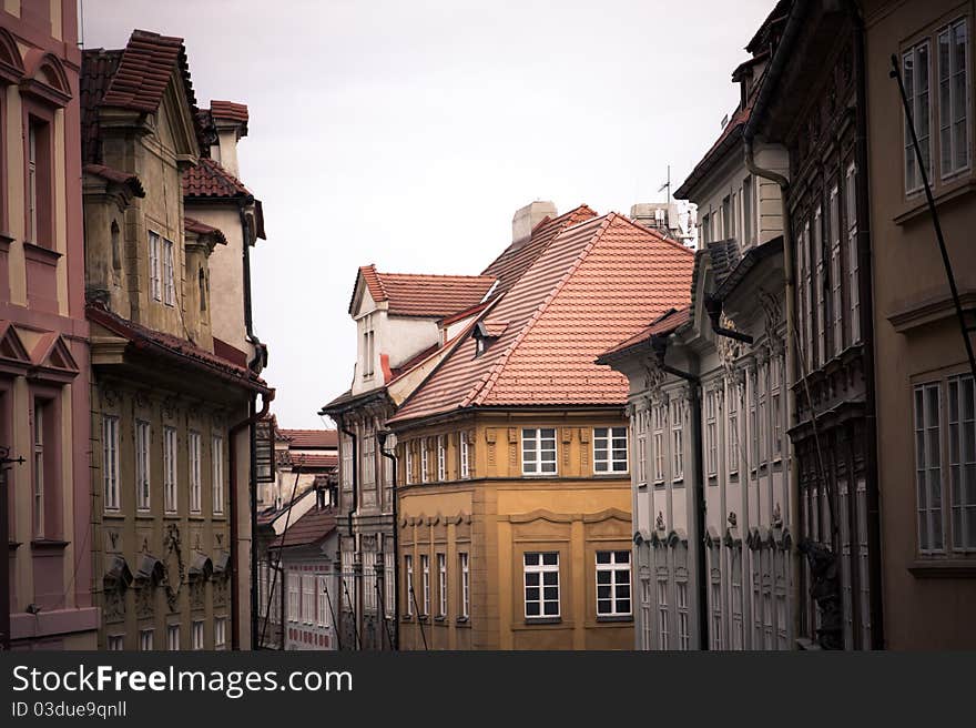 Street in Prague. Tile roofs.