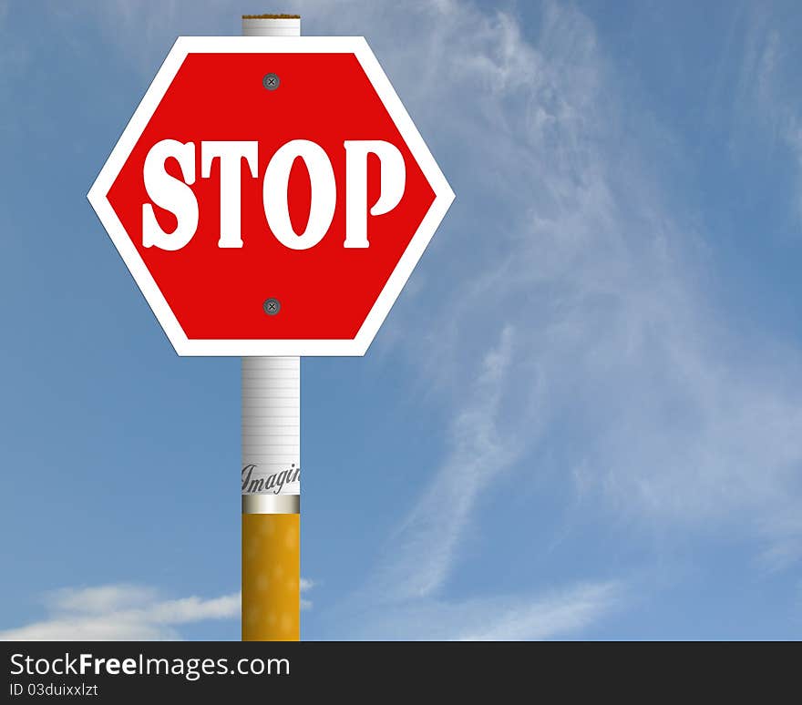 Stop cigarette road sign with cloud blue sky