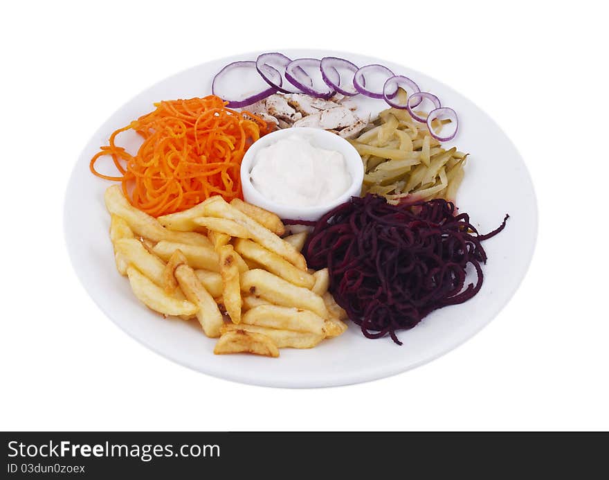 Juicy, fresh salad in a plate on a white background. Juicy, fresh salad in a plate on a white background