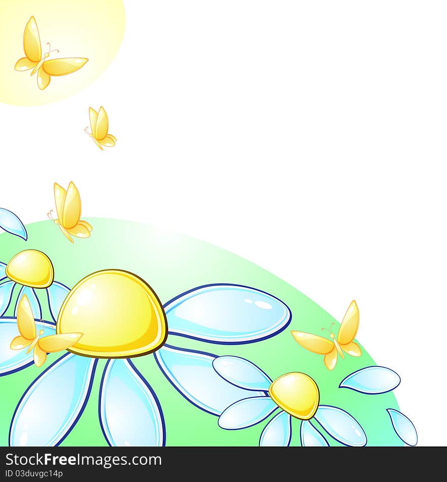 Glossy daisies and butterflies with copy space