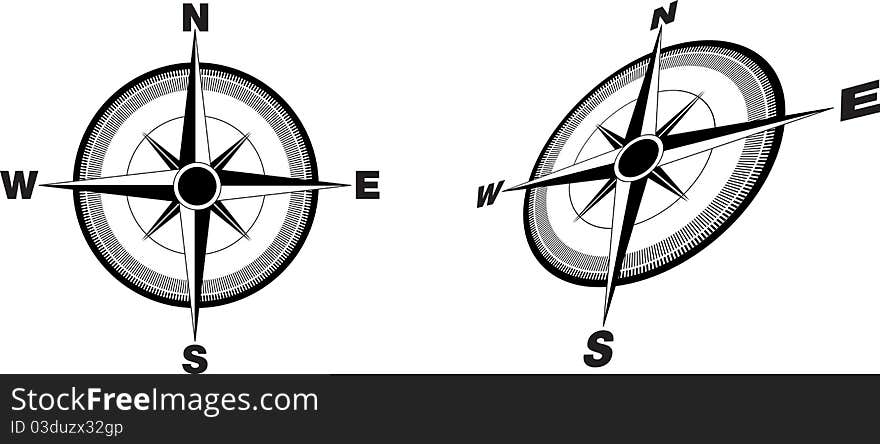 Illustration of a compass flat and at an angle. Illustration of a compass flat and at an angle