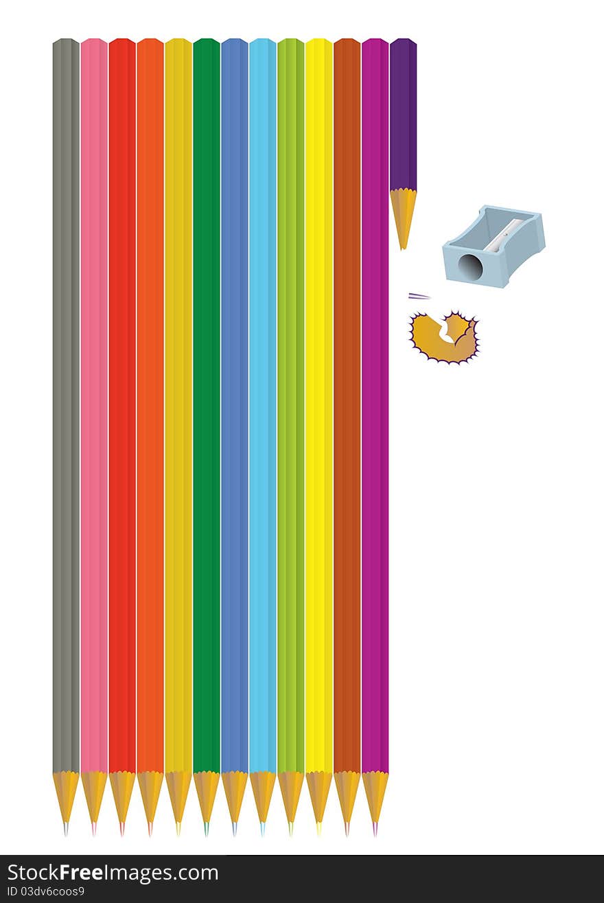 Different color pencils with sharpener and shavings - vector illustration