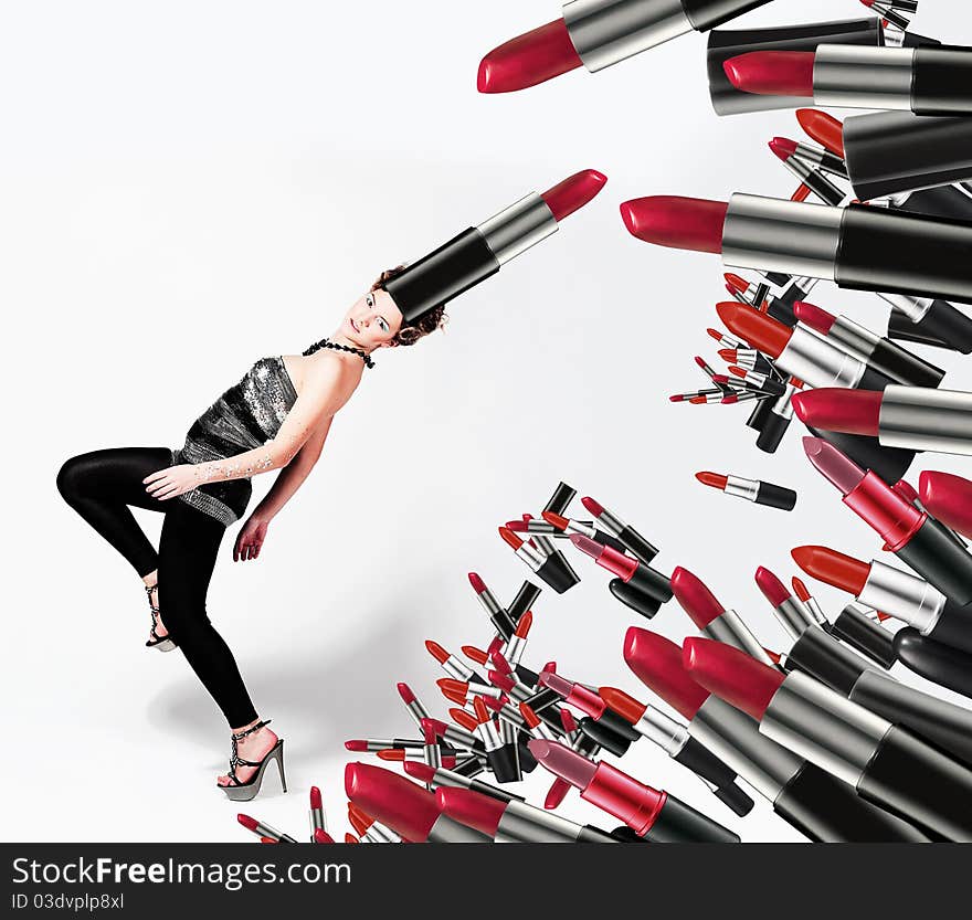 Girl with pink lipsticks on the white background