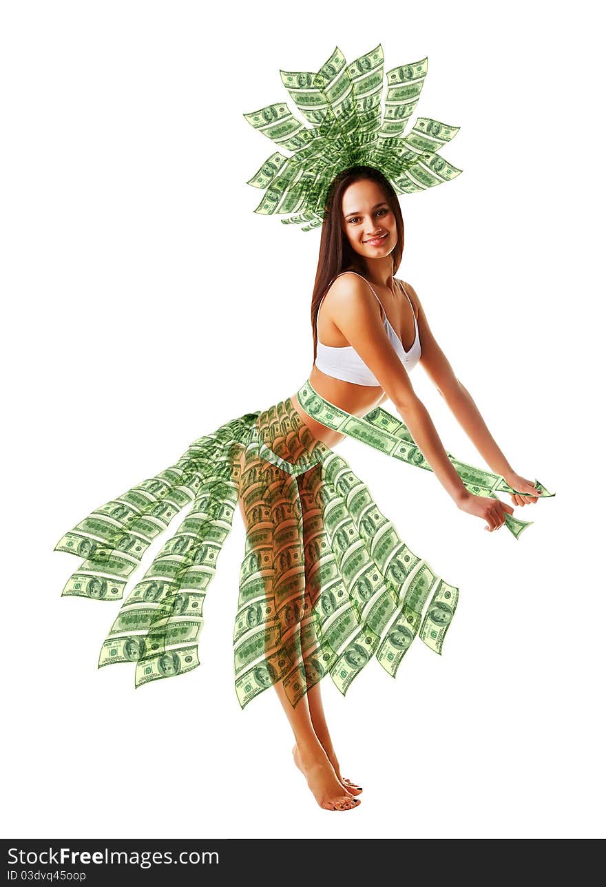 Happy woman dancing in money dress on white background