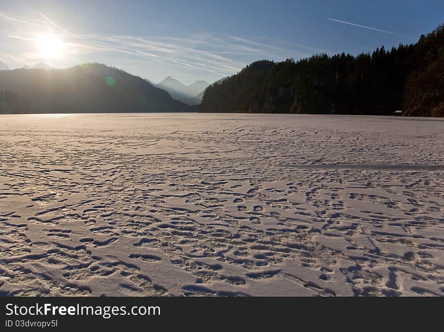 Frozen lake near to Neuscwanstein in Bavaria, Germany. Frozen lake near to Neuscwanstein in Bavaria, Germany.