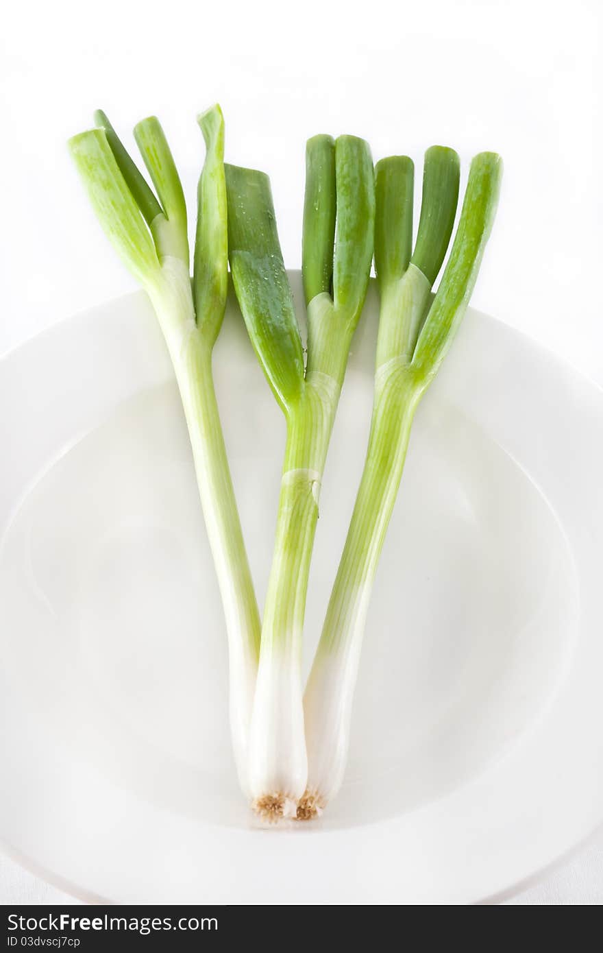 Fresh green onion on a plate