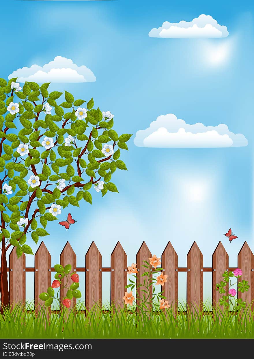 Nature landscape with a tree. Vector illustration.