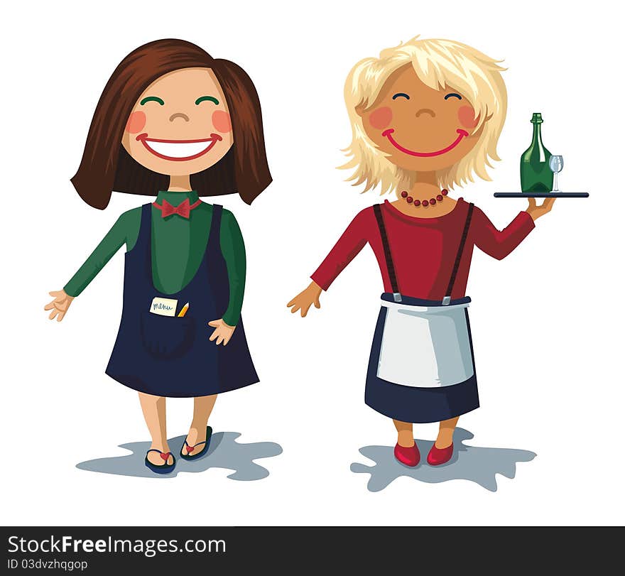 Cartoon characters - two cute girls are waitresses. girl smiling. blonde girl holding a tray with a bottle and a glass of wine. Cartoon characters - two cute girls are waitresses. girl smiling. blonde girl holding a tray with a bottle and a glass of wine