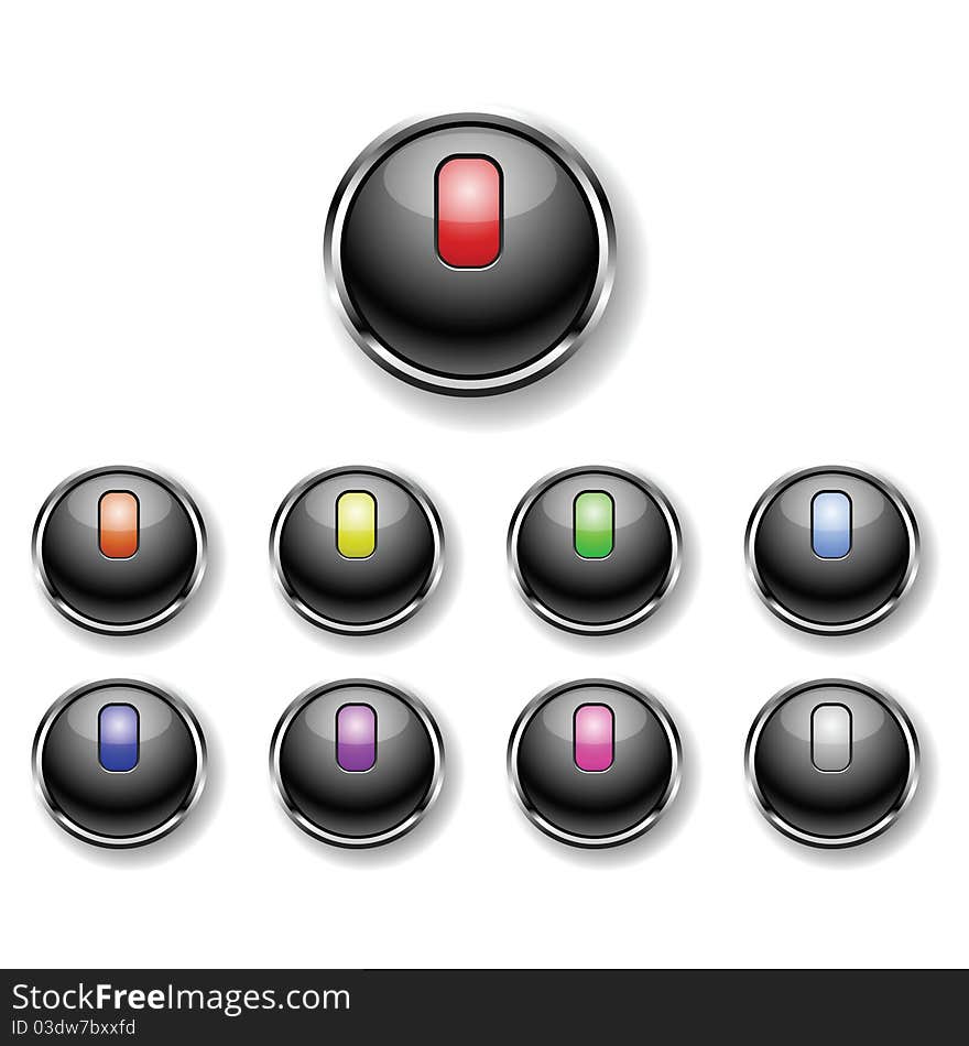 A set of glossy metal trimmed colorful round buttons. A set of glossy metal trimmed colorful round buttons