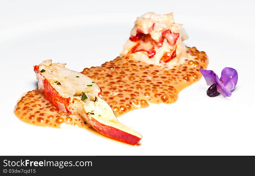 Lobster slice with roe isolated on white
