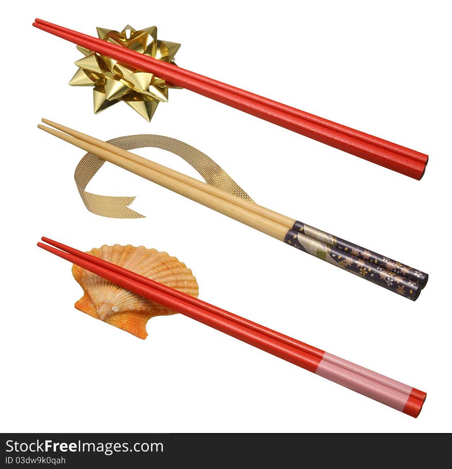 Three pairs of chopsticks isolated on a white background. Three pairs of chopsticks isolated on a white background