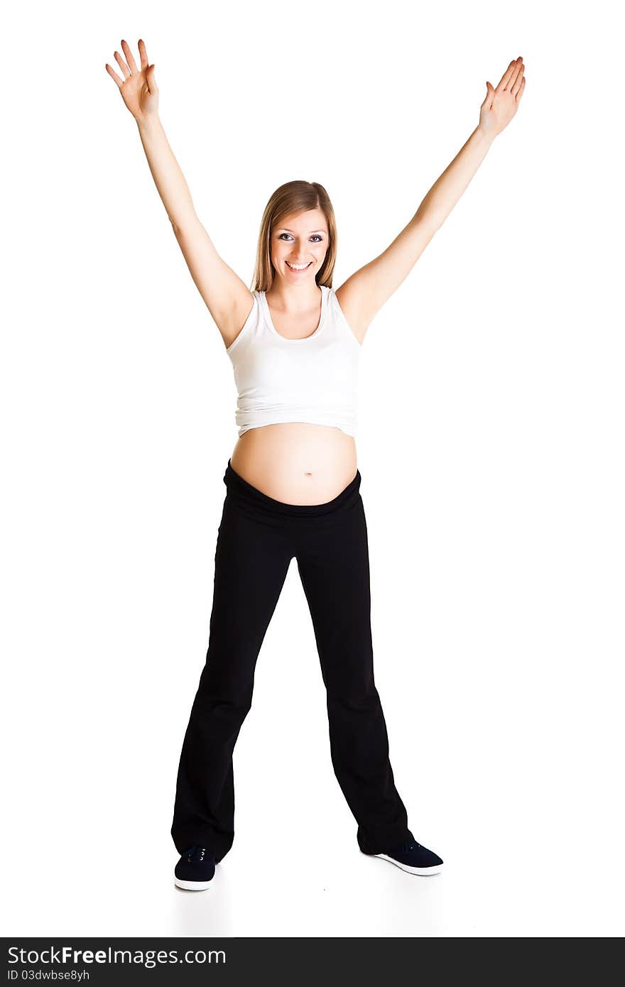 Pregnant caucasian woman fitness isolated on white background. Pregnant caucasian woman fitness isolated on white background