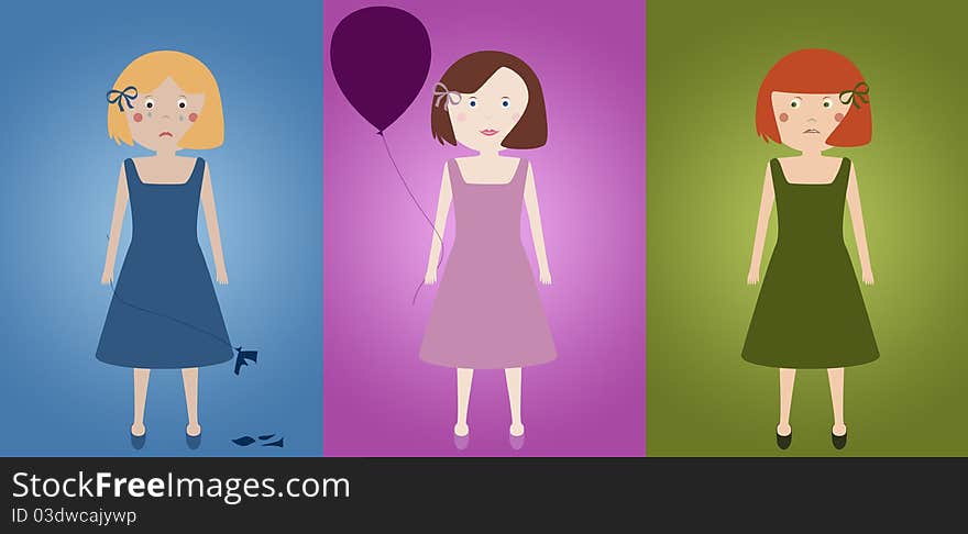 Colorful illustration of girls and their facial expressions. Colorful illustration of girls and their facial expressions.