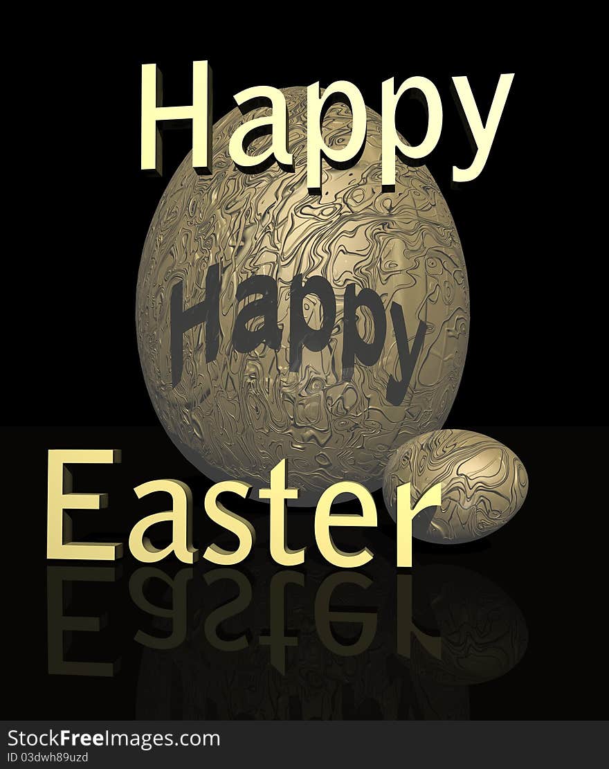 Two golden eggs, a big and a small, behind happy easter in black background. Two golden eggs, a big and a small, behind happy easter in black background