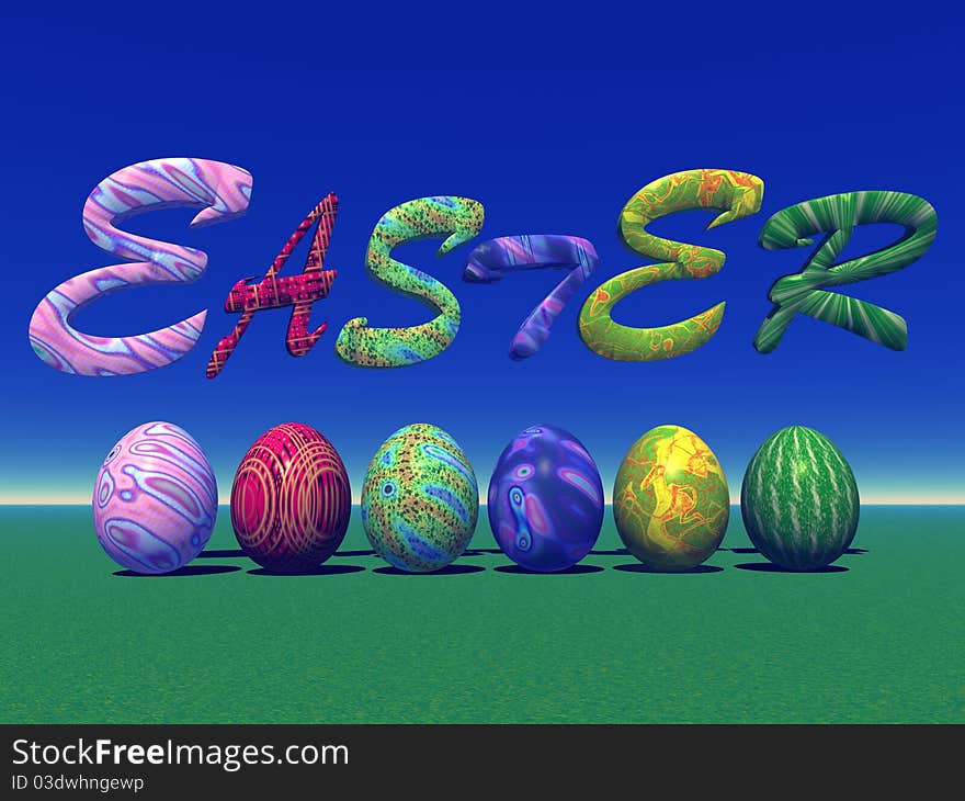 Six colored eggs for easter under easter letters in the grass and with blue sky. Six colored eggs for easter under easter letters in the grass and with blue sky