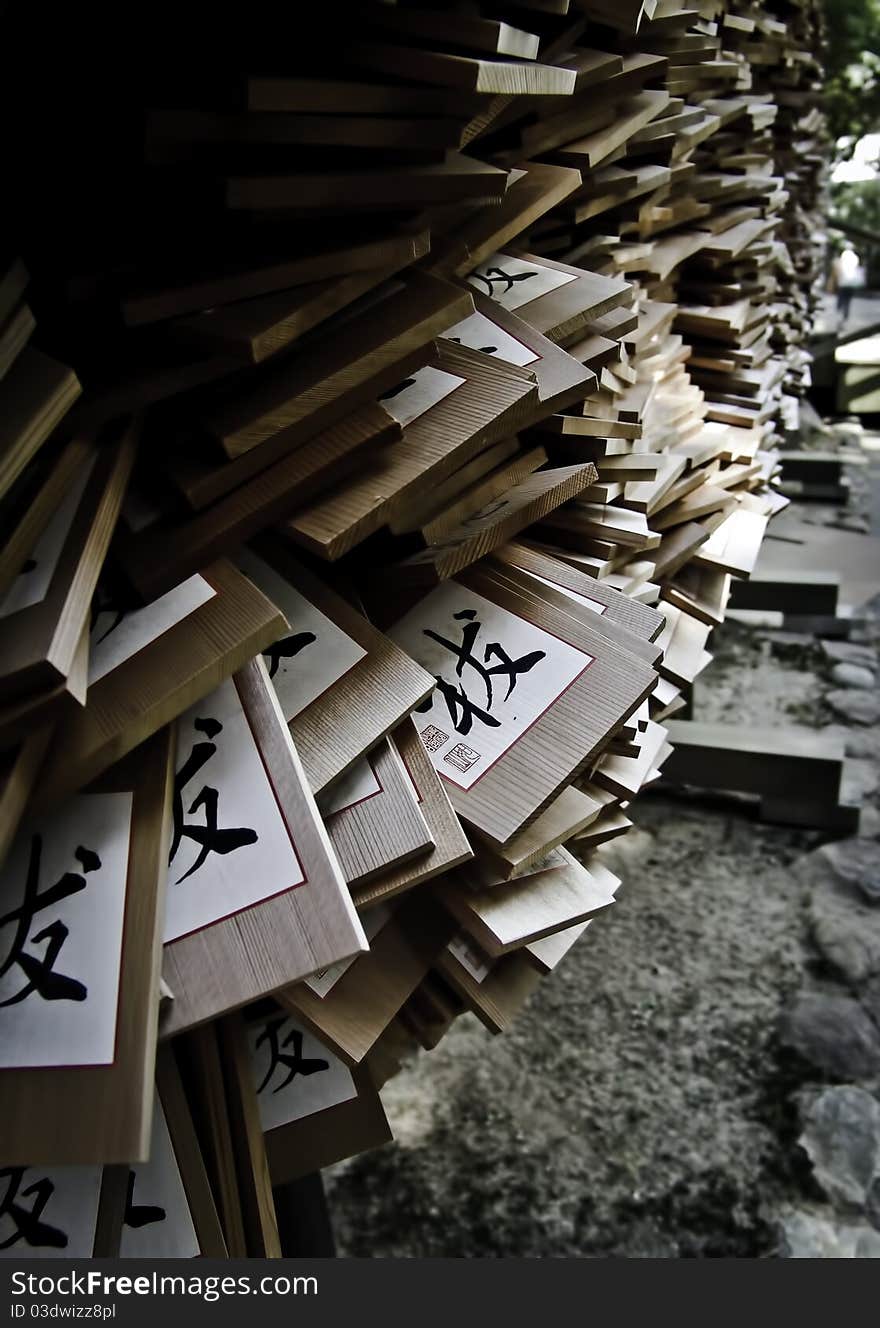 Wooden ema tablet in a temple in japan. Wooden ema tablet in a temple in japan