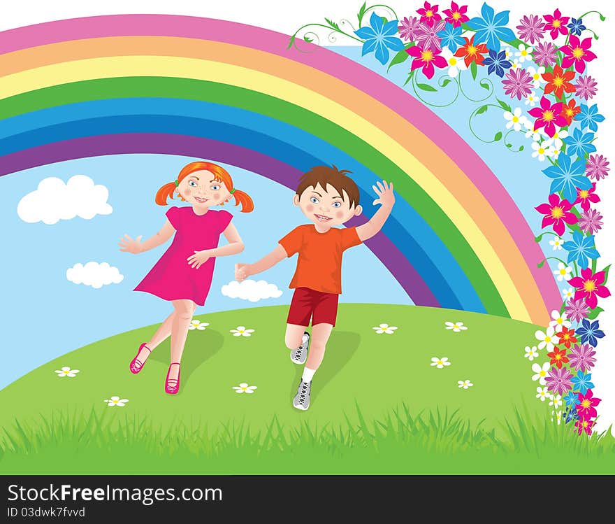 Running boy and girl on the background of rainbows and flowers