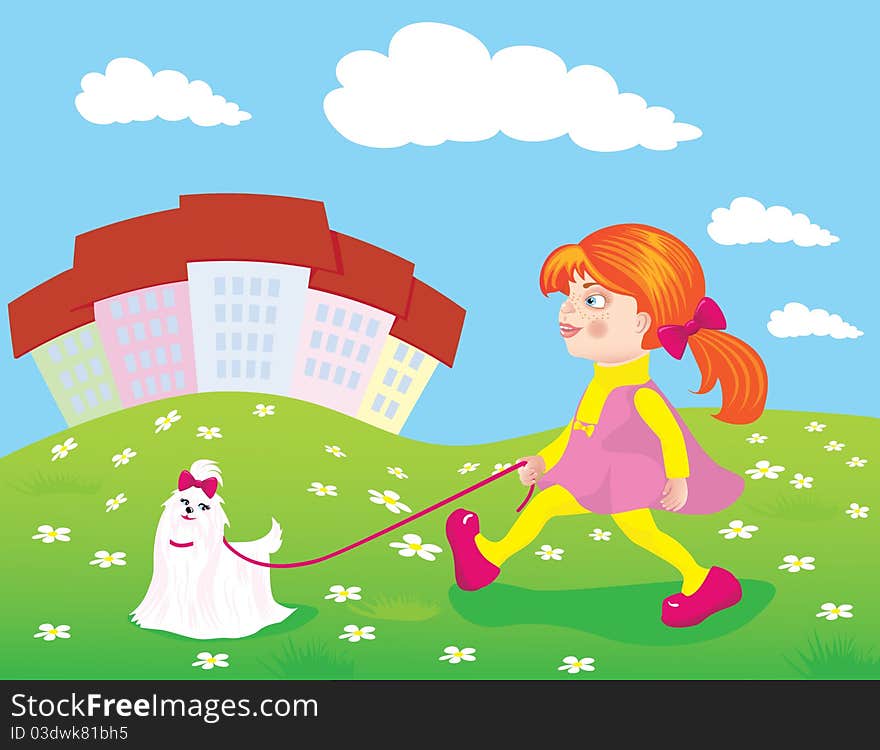 Red-haired Girl Walking With A Dog