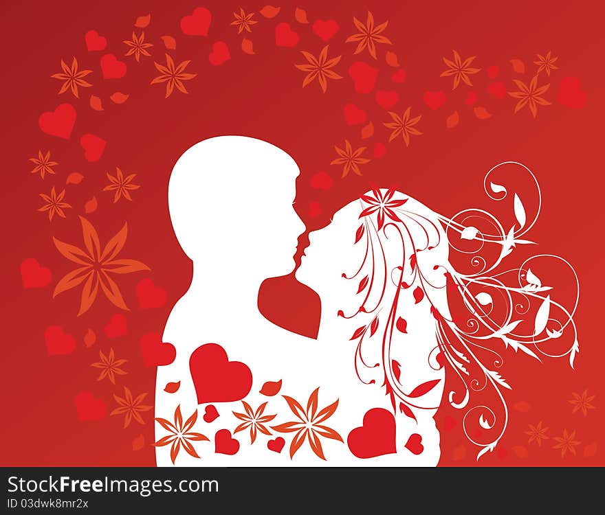 Kissing couple - silhouettes on a red background