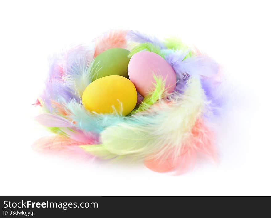 Three easter eggs in feather nest isolated on white background