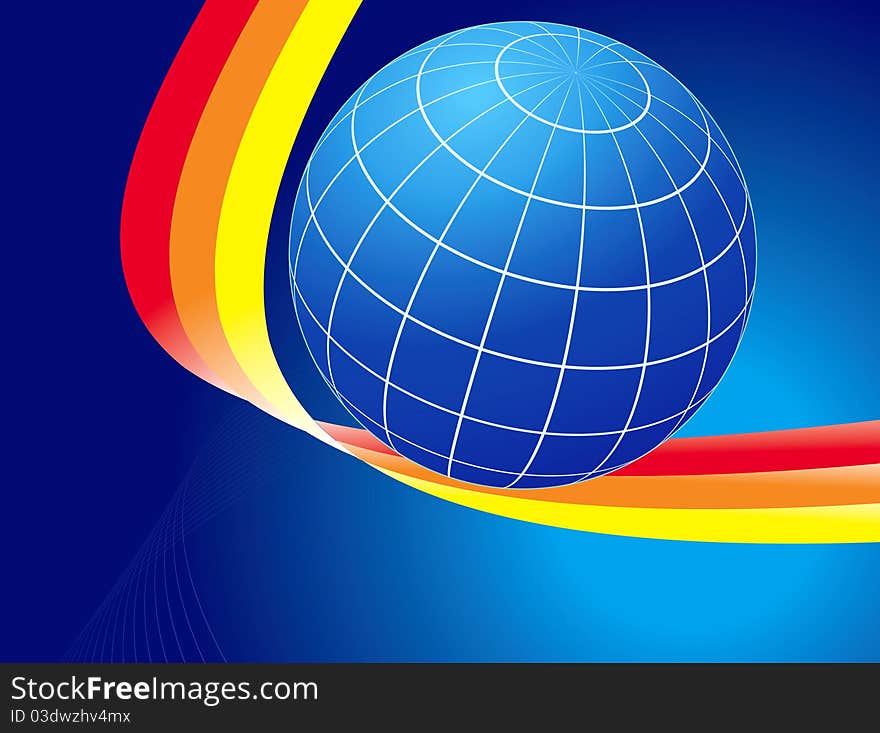 Earth globe and rainbow color curves on dark blue background. Earth globe and rainbow color curves on dark blue background