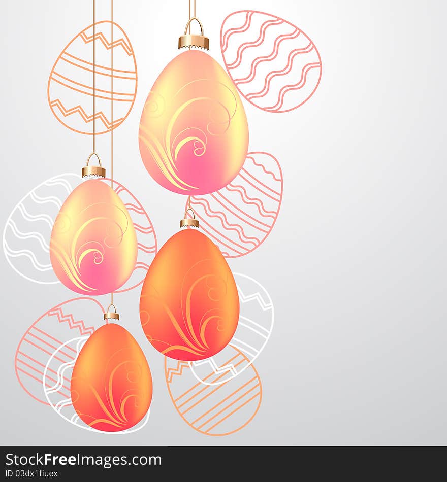 Easter greeting card with pink hanging eggs. Easter greeting card with pink hanging eggs