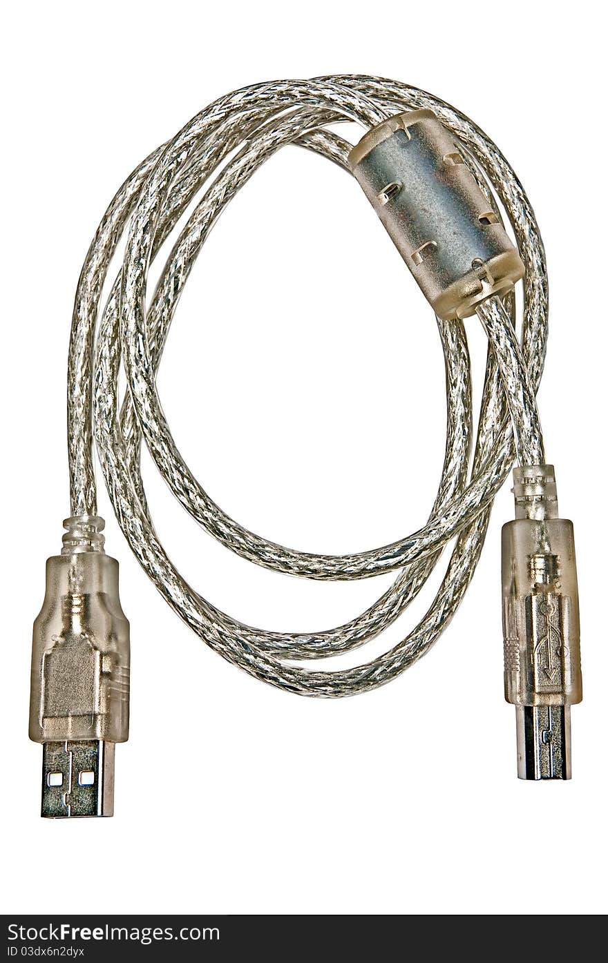 Isolated Silver Usb To Printer Cable With Filter