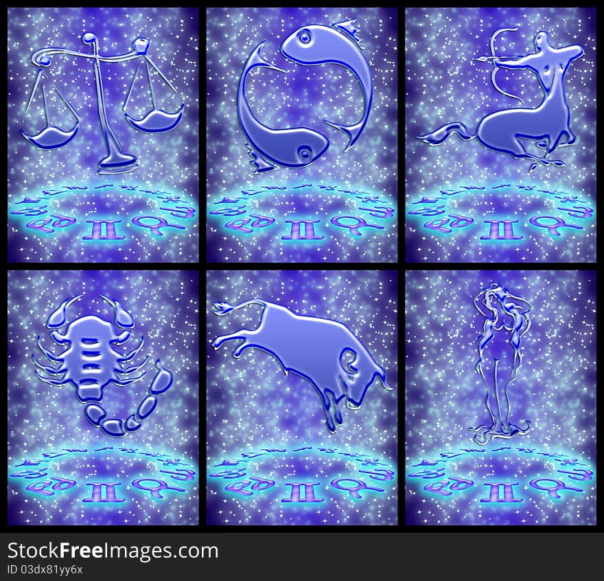 Six signs of the zodiac on a black background. easy clipping. Six signs of the zodiac on a black background. easy clipping